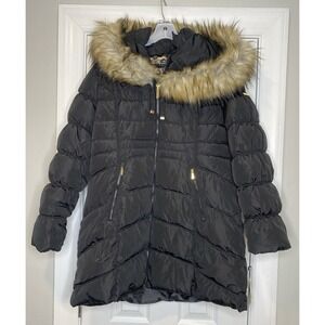 Laundry By Shelli Segal Women's Quilted Jacket Faux Fur Hood Black Size XL